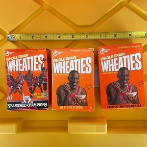 Michael Jordan/Chicago Bulls championship mini Wheaties boxes.